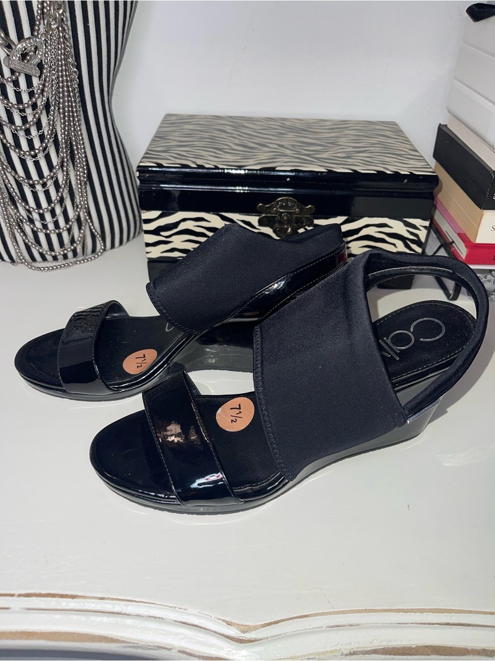 NWT Calvin Klein Black Elastic & Patent Slingback Sandal